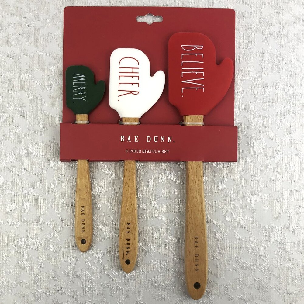 Rae Dunn Silicone Spatula Set 3 pc Believe–Cheer–Merry Holiday Kitchen Décor NWT